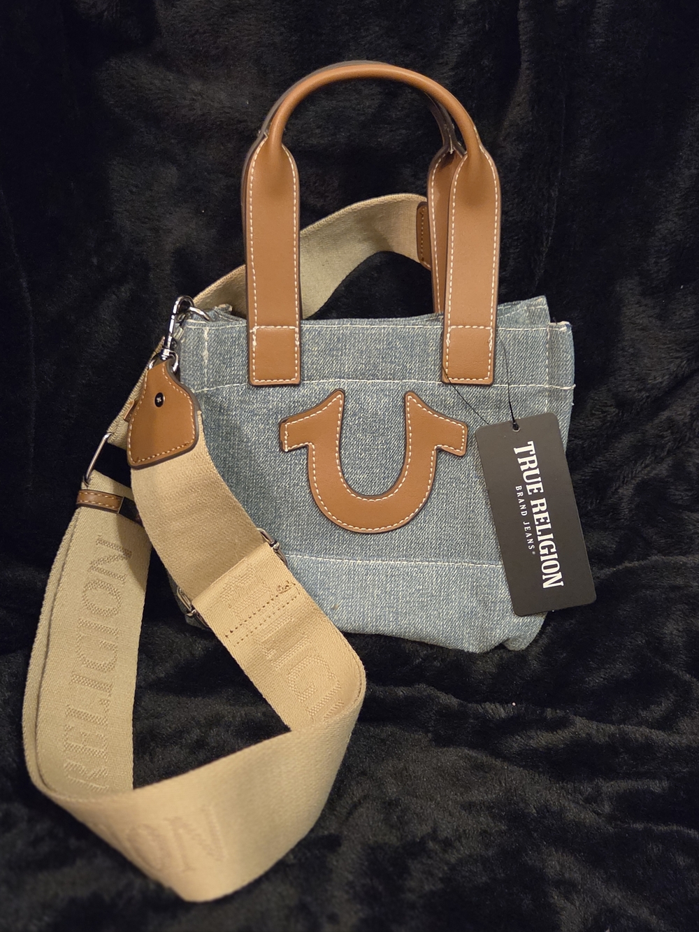 True Religion Denim Crossbody Bag with Tan Leather Trim